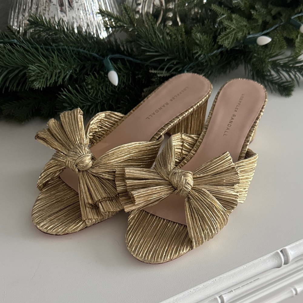 Loeffler Randall Gold Pleated Bow Mules